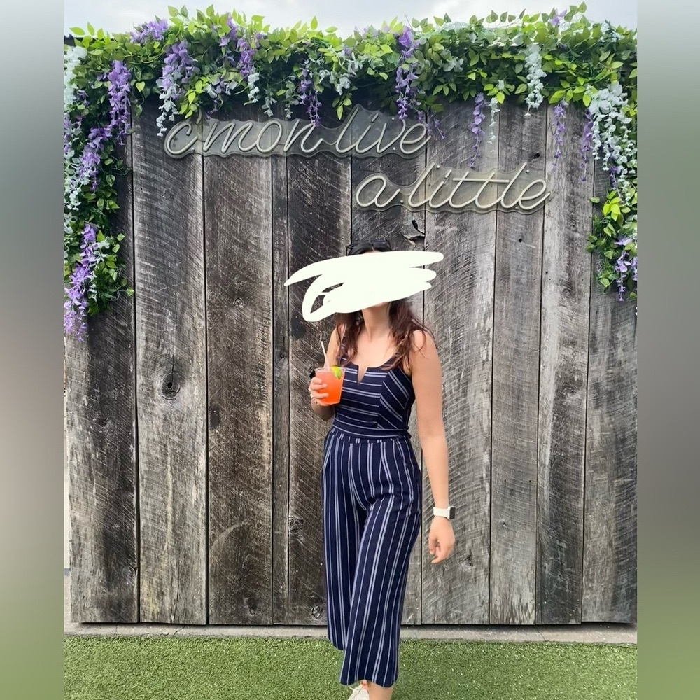 Blue and Grey Striped Jumpsuit with Sinched Waist and Bow - See pics for fit